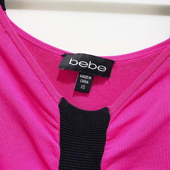 Bebe Open Shoulder Sexy Bodycon Midi Dress with Ruching Pink Black XS - Picture 6 of 7